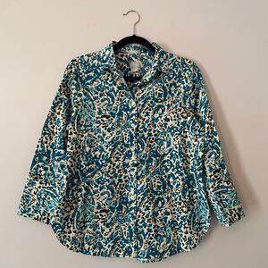 Chico's Blue White Abstract Print No-Iron Button Down Shirt Women's 0.5 / Small